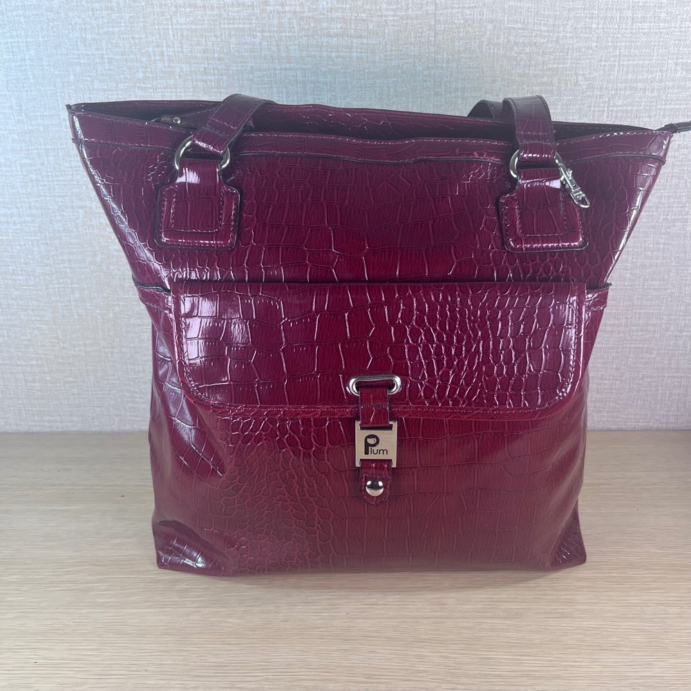 Plum Burgundy Faux Crocodile Embossed Tote Bag Glossy Red Shoulder Bag Large